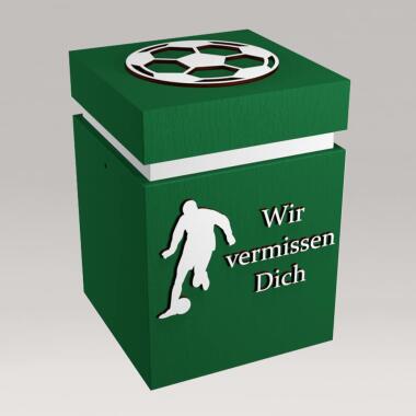 Eckige Urne & Grüne Fußball Motiv Graburne Eiche eckig mit besonderer Inschrift Fußball Hara