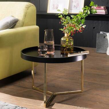 Runder Tisch in Schwarz & Tablett Sofatisch in Schwarz und Goldfarben rund