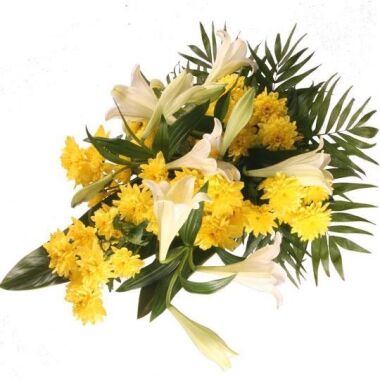 Trauerstrauß Abschied in Gelb-Weiß mit Chrysanthemen und Lilien und Trauerkart