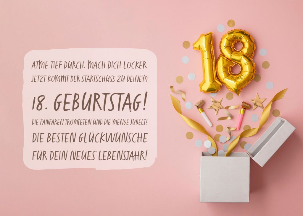 Geburtstagskarte mit Spruch zum 18. Geburtstag - Schönes Geburtstagsbild kostenlos zum Download für WhatsApp, Facebook & Co auf Purovivo entdecken - Happy Birthday & Alles Gute zum Geburtstag wünschen mit einem Bild