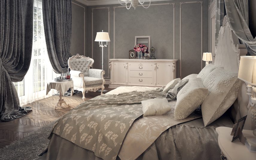 Wohnidee eines barocken Schlafzimmers mit Kommode  Sessel & Kingsize Bett in edlen Stoffen