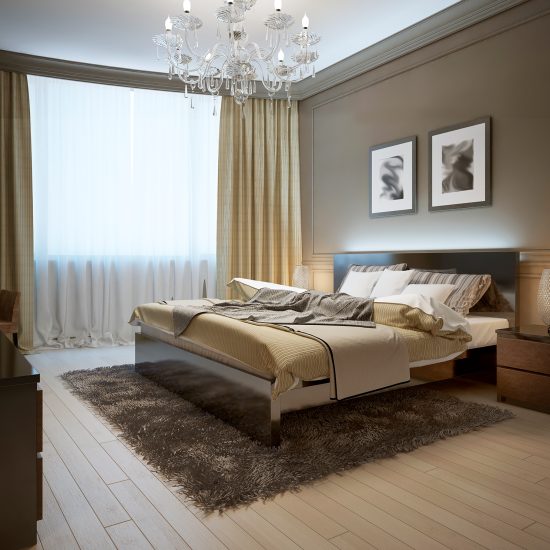 Wohninspiration mit edlem Schlafzimmerambiente im modernen Bauhausstil mit Doppelbett und Kommode