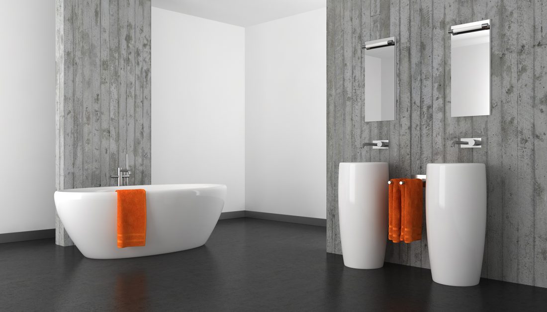 Modernes Bad im reduzierten Bauhausstyle - runde Keramik-Waschbecken und ovale Badewanne in weiß