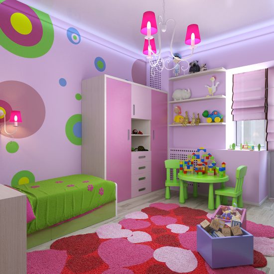 Modernes poppiges Kinderzimmer mit Einzelbett und großem Kleiderschrank in knallbunten Farben 