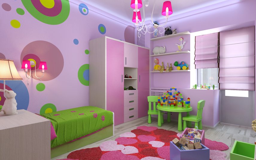 Modernes poppiges Kinderzimmer mit Einzelbett und großem Kleiderschrank in knallbunten Farben