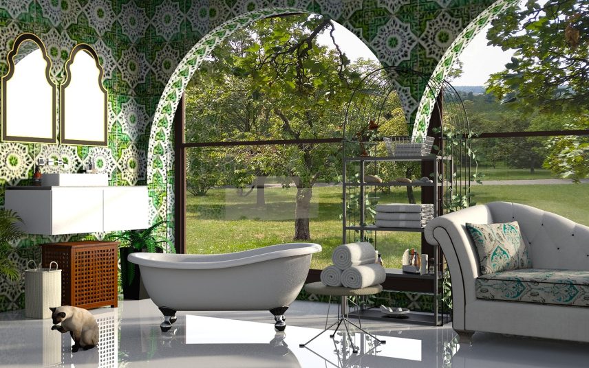Luxusbadezimmer im Landhausstil Idee – grüne orientalische Wandfliesen & Chaiselounge mit Sitzbadewanne in dezentem Weiß
