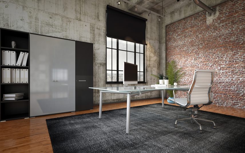 Arbeitszimmer moderner Industrial-Look Inspiration – großer Schreibtisch aus Stahl & Glas und grauer Aktenschrank