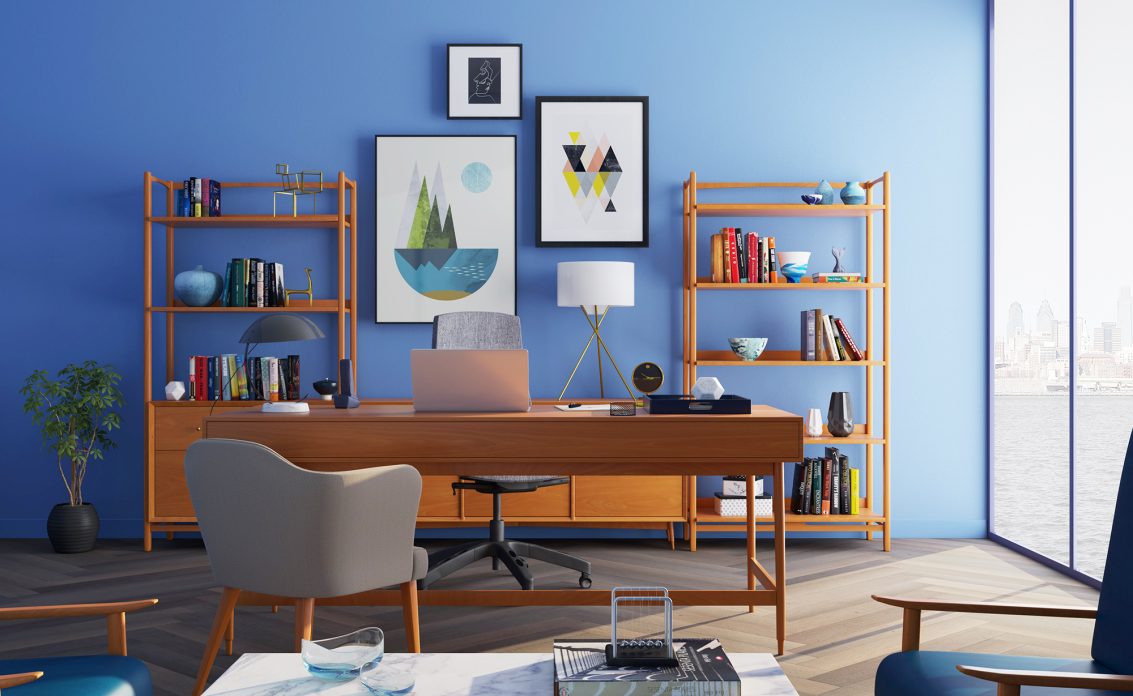 Modernes Arbeitszimmer im frechen Blau – Regal & Schreibtisch aus massivem Holz im Bauhausstil...
