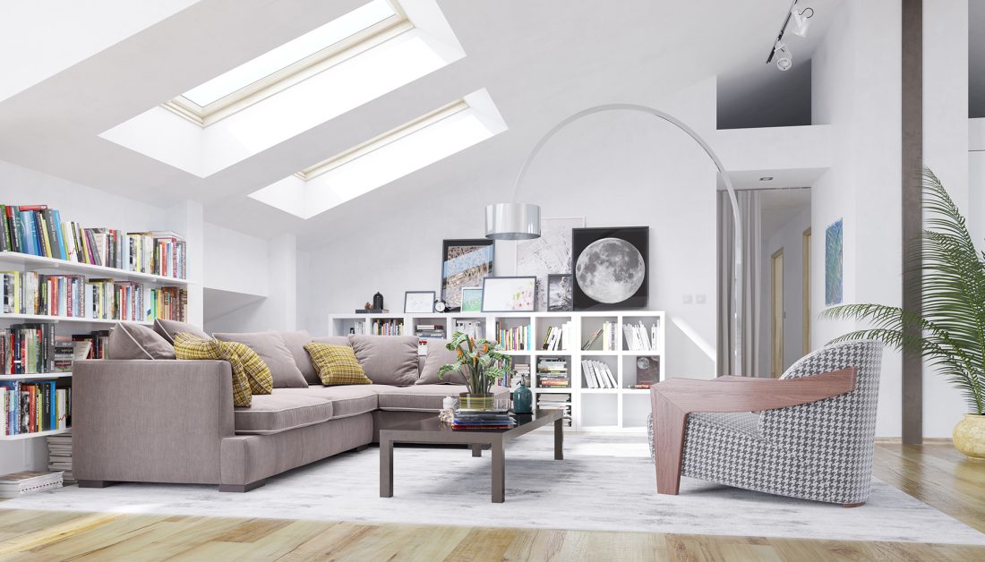 Wohninspiration eines ausgebauten Dachgeschoß mit moderner Einrichtung für ein Wohnzimmer - Eckcouch und Sessel aus edlem Stoff