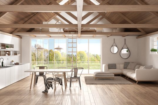 Modernes Dachgeschoßappartment im Landhausstil mit offenem Schlafboden – helle Wohnküche mit Ska...