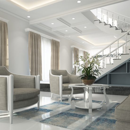 Gründerzeitstil modern interpretiert - offener Flurbereich einer Villa - Lounge mit Sessel & Sofa aus edlen Stoffen