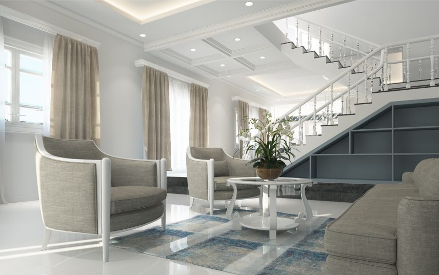 Einrichtungsidee im Gründerzeitstil modern interpretiert – offener Flurbereich einer Villa – Lounge mit Sessel & Sofa aus edlen Stoffen