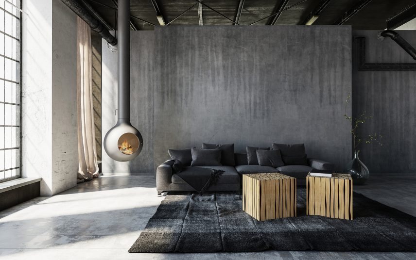 Offner Wohnraum mit schwebendem Kamin – Industrialstyle – Polstersofa Dreisitzer & Würfelhocker aus Holz