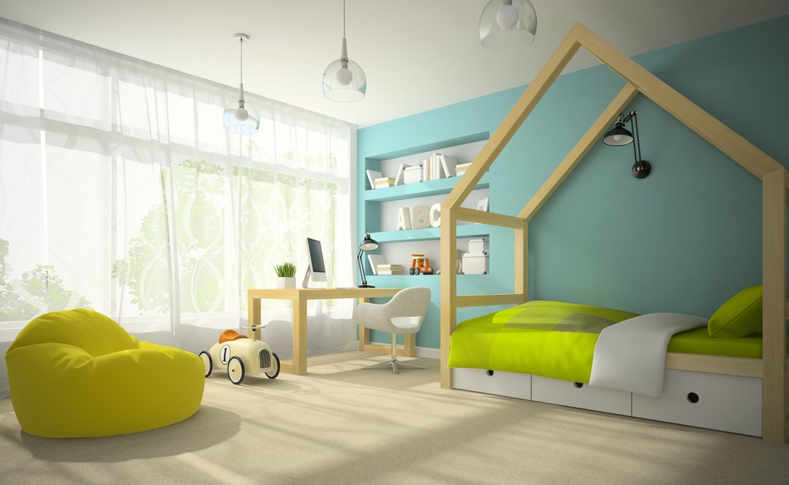 Moderner Bauhausstil – Kinderzimmer in Türkis mit großem Hausbett & Schreibtisch aus massivem Bu...