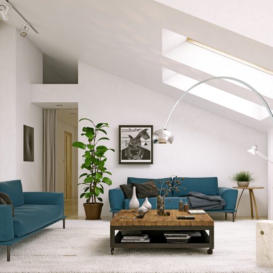 Modernes Wohnen im Dachgeschoß - helles Wohnzimmer mit gemütlicher Sofaecke in petrolfarbenem Stoff & Designstehlampe