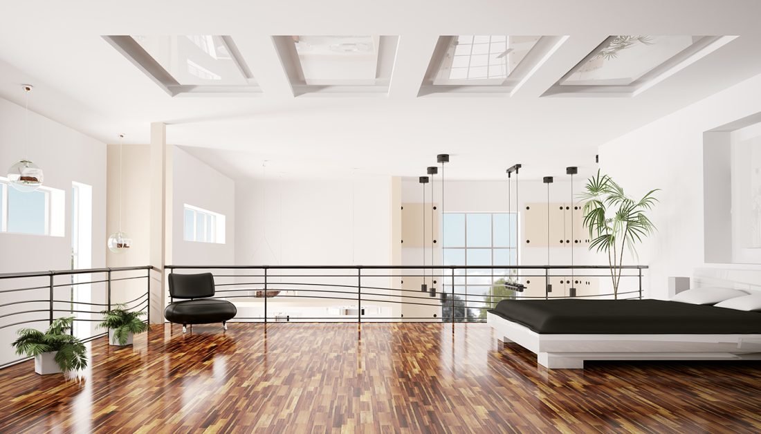 Modernes Penthouse mit Schlafgalerie im Bauhausstyle - Hochglanz Doppelbett & Lederhocker mit Lehne