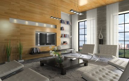 Modernes Wohnzimmer im Penthouse mit Holzpaneelen & Designermöbeln – moderne Ledersessel & flache...