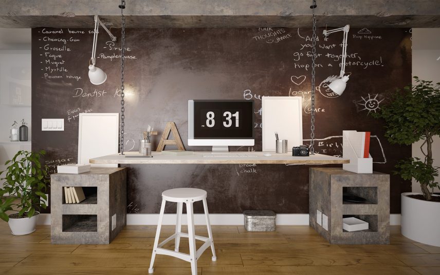 Großzügiger Arbeitsbereich mit hängendem Schreibtisch Wohnidee – moderner Eintichtungsstil / Industriedesign – Wandpaneel aus rostendem Metall & helle Arbeitsleuchten