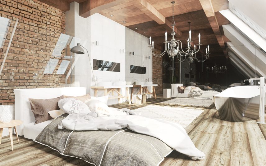 Gestaltungsinspiration für einen Dachbereich einer Landhaus Villa – Beispiel mit Schlafzimmer & Badezimmer in einem – Kornleuchter zur Beleuchtung