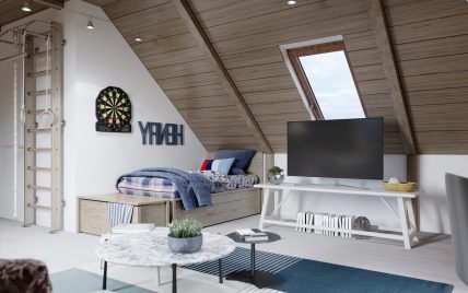 Dachgeschoss Kinderzimmer Idee im modernen Landhausstil – Beispiel mit Stauraumbett für Kinder �...