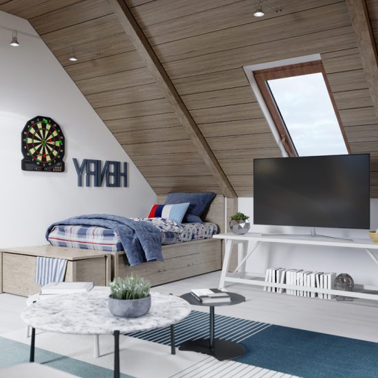 Dachgeschoss Kinderzimmer Idee im modernen Landhausstil - Beispiel mit Stauraumbett für Kinder - Beistelltische & Fernsehtisch