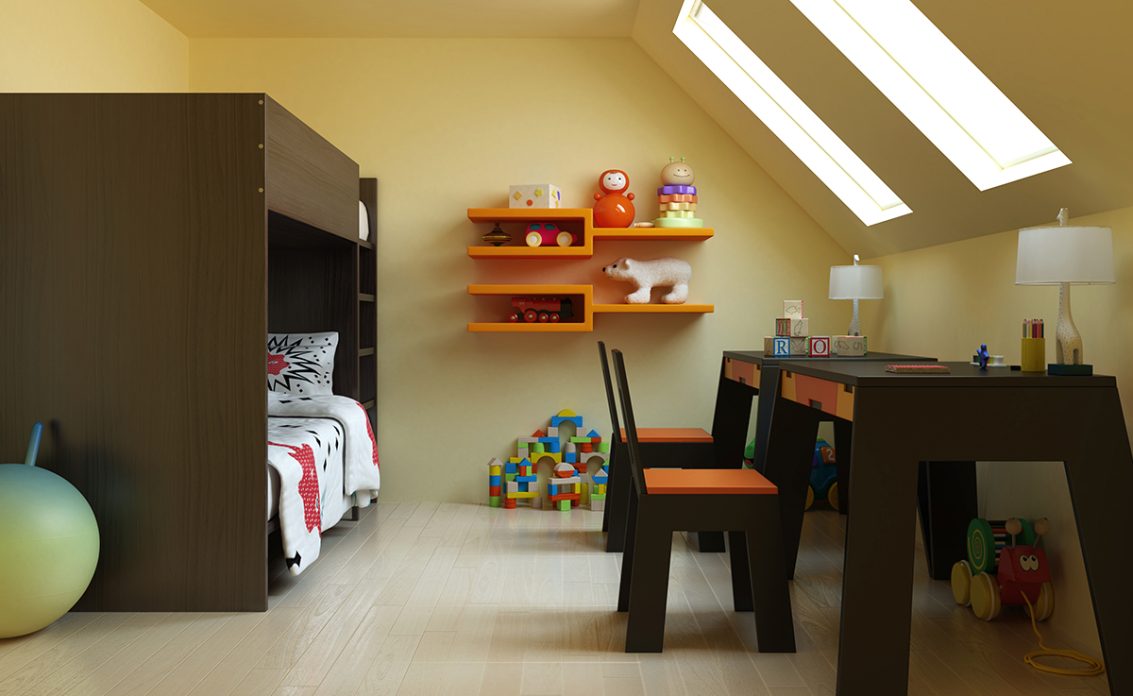 Kinderzimmer für zwei Kinder im Dachgeschoss als Wohnidee – Hochbett aus dunklem Holz & zwei Schr...