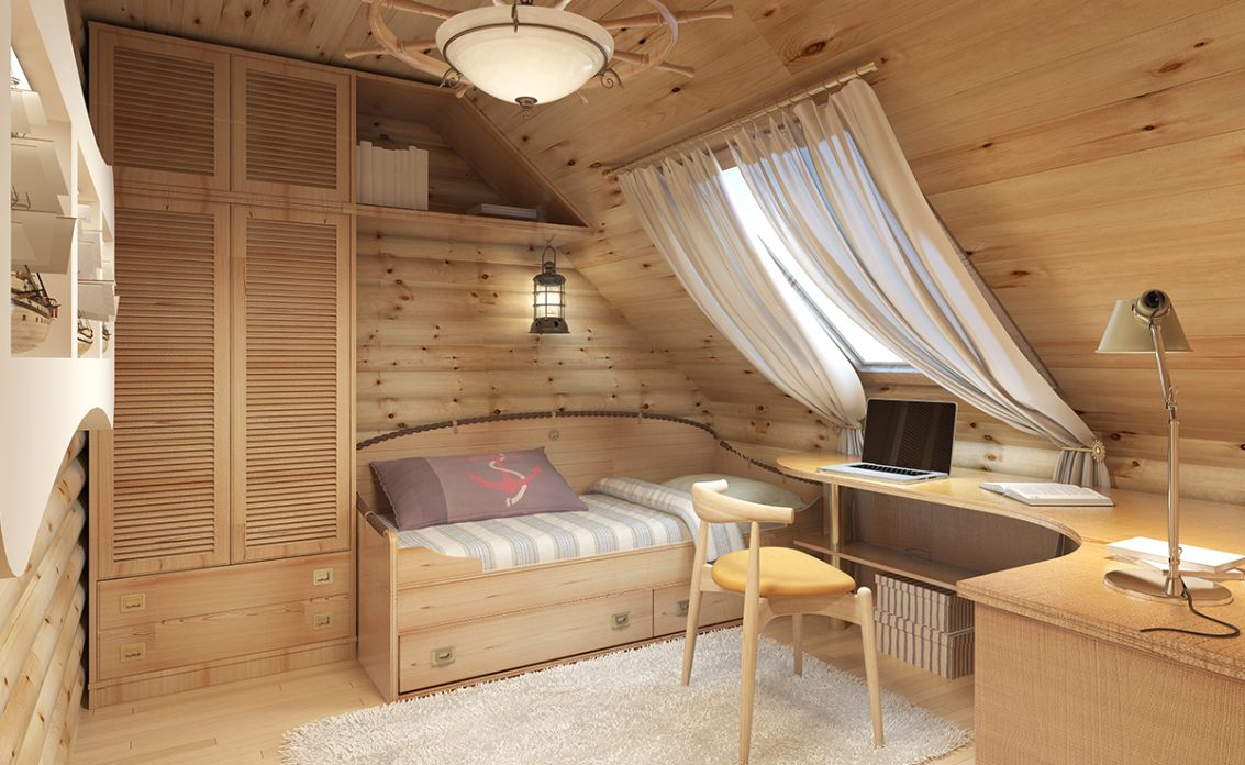 Gestaltungsbeispiel für ein Kinderzimmer im Dach – Idee mit Holzverkleidung & Holzmöbel – Bett...