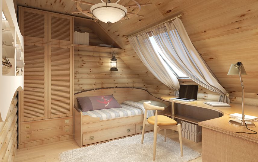 Gestaltungsbeispiel für ein Kinderzimmer im Dach – Idee mit Holzverkleidung & Holzmöbel – Bett  Schreibtisch & Holzstuhl unter der Dachschräge