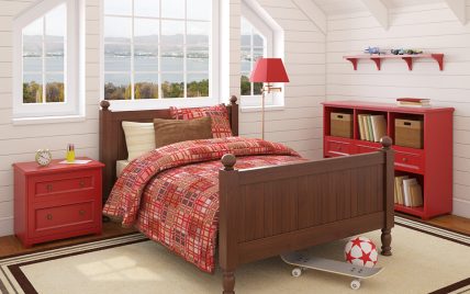 Dachgeschoss Kinderzimmer oder Jugendzimmer für Mädchen & Jungs mit roten Möbeln & roter Dekorati...