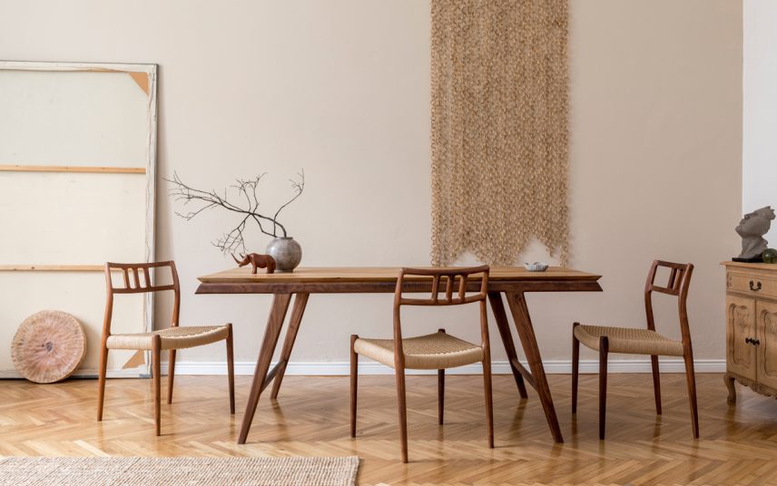 Gestaltungsidee für ein Landhaus Esszimmer in beige mit Dekoration – Beispiel mit Holztisch & Korbstühlen – Runde Vase & Dekfigur – großer natürlicher Wandteppich