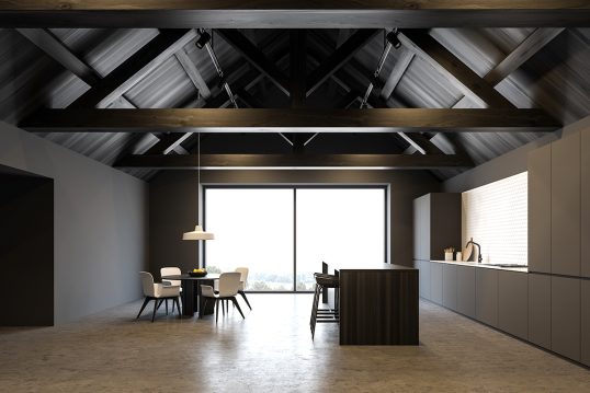 Gestaltungsidee für eine moderne Küche in der Villa – Beispiel einer großen Dachgeschoss-Küche...