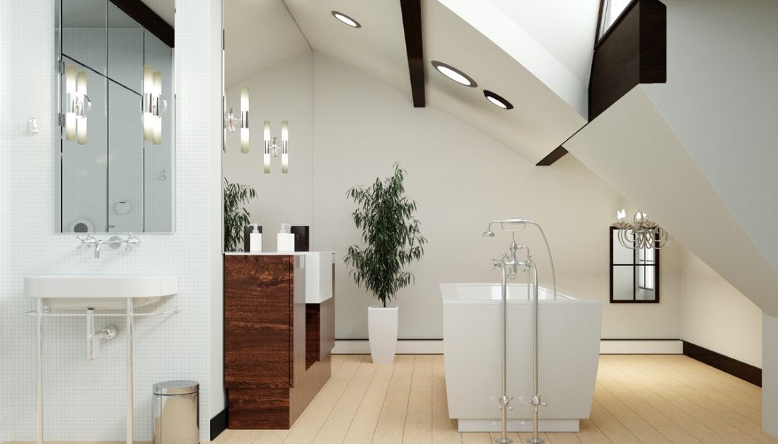 Modernes Badezimmer im Dachgeschoss Einrichtungsidee - Beispiel mit freistehender Badewanne - großer Waschtisch & Spiegelleichten - Müllbehälter & Zimmerpflanze