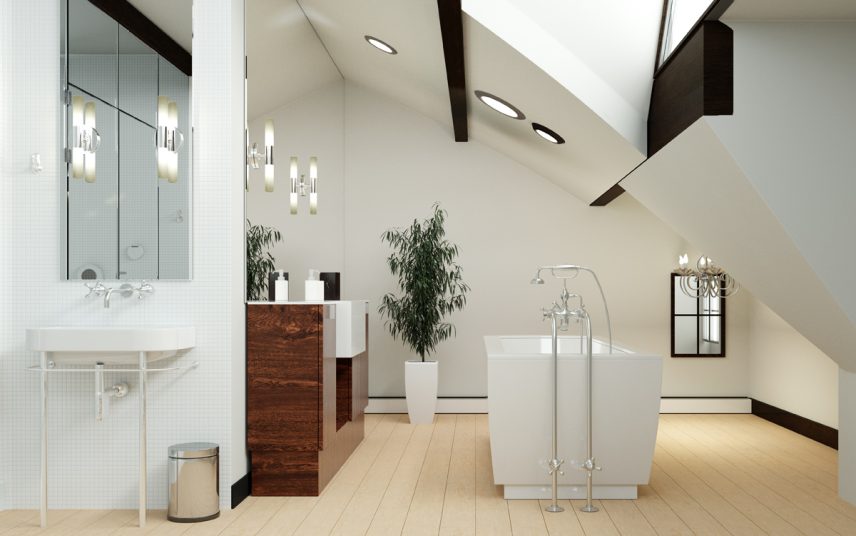 Modernes Badezimmer im Dachgeschoss Einrichtungsidee – Beispiel mit freistehender Badewanne – großer Waschtisch & Spiegelleichten – Müllbehälter & Zimmerpflanze