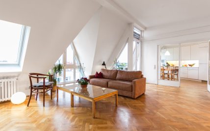 Gestaltungsbeispiel für ein großes Appartement im Dach – Wohnidee mit braunen Ledersofa & Holzfu...