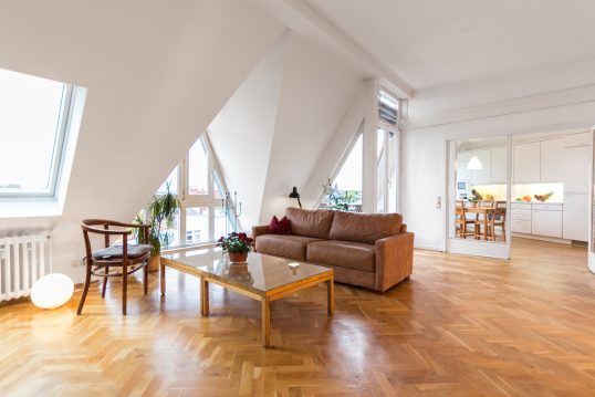 Gestaltungsbeispiel für ein großes Appartement im Dach – Wohnidee mit braunen Ledersofa & Holzfu...