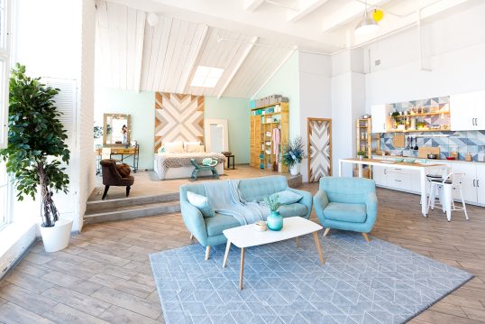Großes 1 Raum Appartement im modernen Skandinavischen Stil als Wohnidee – Beispiel mit Stoffsofa & Sessel – dekorierter Beistelltisch -Stauraumbett & Küchenzeile