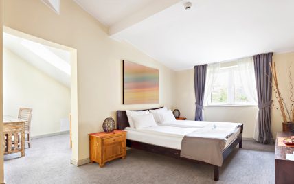 Gestaltungsidee für eine Ferienwohnung auf dem Dachboden – Schlafzimmer Beispiel mit Holzbett  Ho...