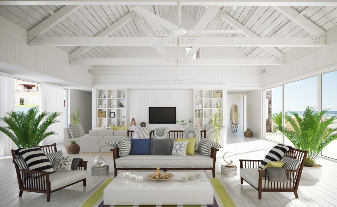 Gestaltungsidee für ein Ferienhaus oder eine Ferienwohnung mit schrägen Holzdach in weiß – Loun...