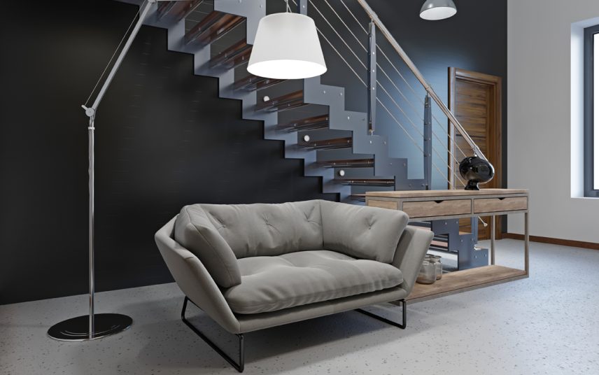 Idee für einen großen modernen Flur in blau im Loft oder Penthouse – Beispiel mit Sofa & Beistellschrank aus Holz – Moderne Bogenlampe & Hängelampe