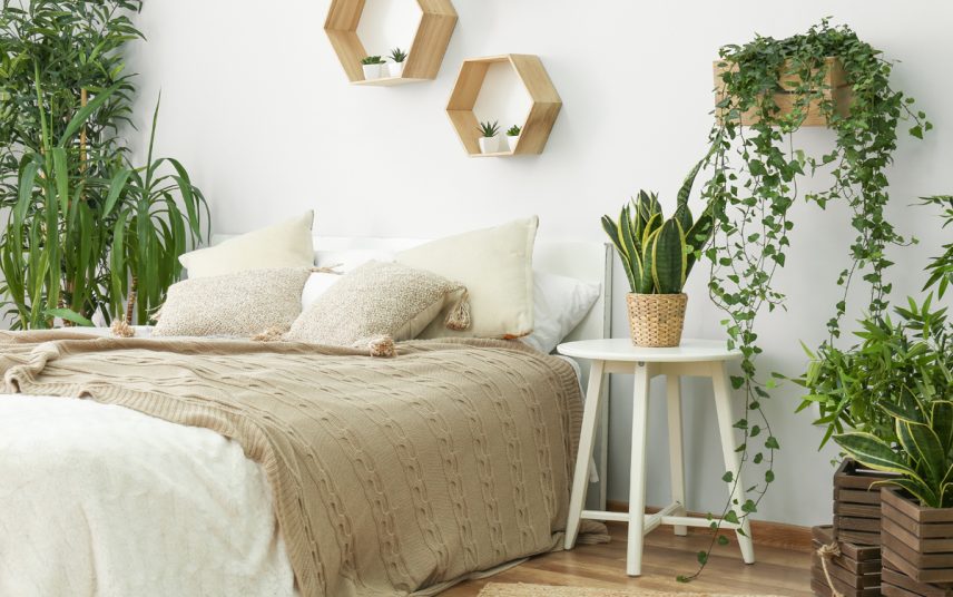 Schlafzimmer Idee im modernen Landhausstil mit Pflanzen & Wandregalen – Beistelltisch mit Zimmerpflanze – Bett dekoriert mit vielen Decken & Kissen