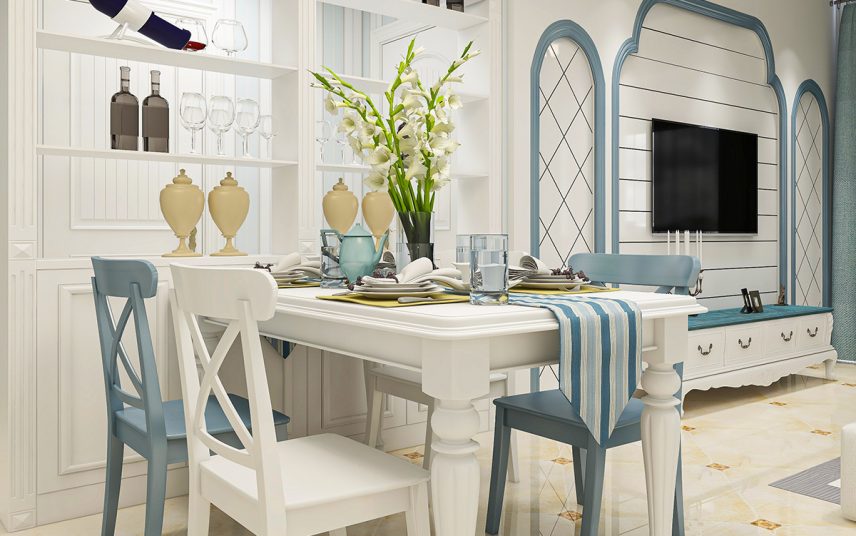 Sitzgruppe in Küche oder Esszimmer im mediterranen Stil mit Sommerdeko