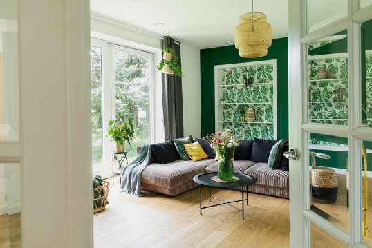 Wohnzimmer-Gestaltung im grünen Farbton mit b...