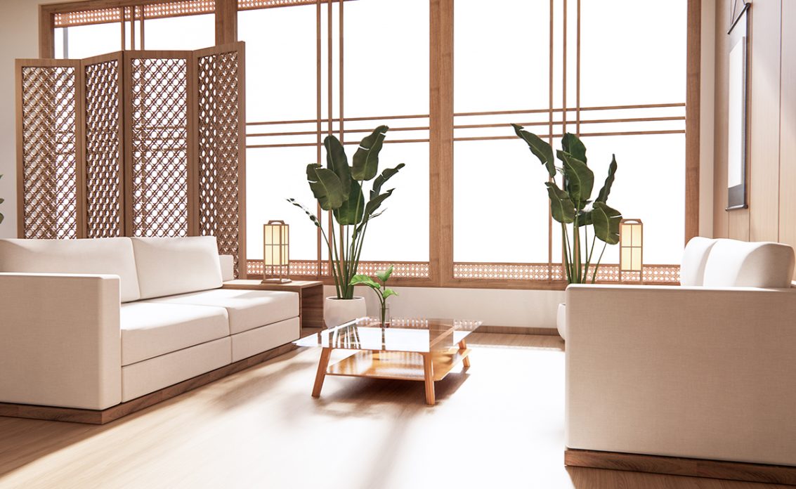 Wohnzimmer im Feng Shui Stil – Zwei helle Sofas mit Beistelltisch