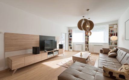 Modern eingerichtetes Wohnzimmer mit Lowboard-Wohnwand und Ledersofa