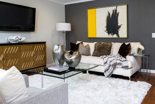 Moderne Wohnzimmer-Idee mit grauer Wandfarbe & Bild