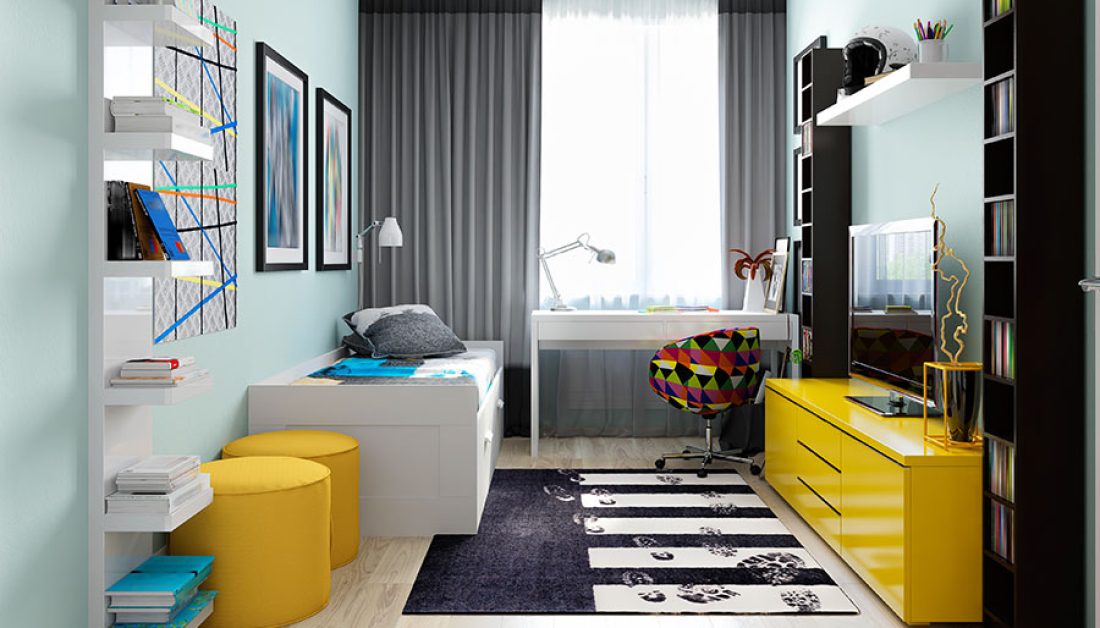 Kleines Jugendzimmer modern eingerichtet mit gelben Lowboard & Stauraumbett