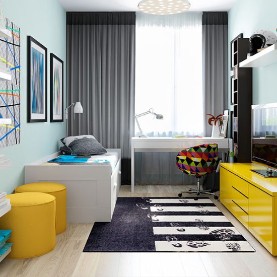 Kleines Jugendzimmer modern eingerichtet mit gelben Lowboard & Stauraumbett